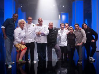 Rival-Chef Marcus Samuelsson, Rival-Chef Anne Burrell, Rival-Chef Robert Irvine, Rival-Chef Geoffrey Zakarian, Rival-Chef Beau MacMillan, Rival-Chef Michael Chiarello, Rival-Chef Chuck Hughes, Rival-Chef Elizabeth Falkner, Rival-Chef Spike Mendelsohn and Rival-Chef Alex Guarnaschelli in Episode 1 as seen on Food Network Next Iron Chef Season 4.