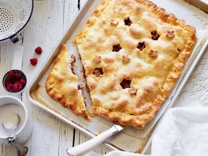 FNK NECTARINERASPBERRY
SLAB PIE, Food Network Kitchen, AllPurpose
Flour,
Sugar, Unsalted Butter, White or Cider Vinegar, Egg, Nectarines, Light Brown Sugar,
Lemon, Cornstarch, Vanilla Extract, Raspberries