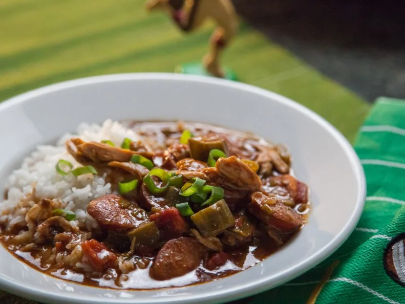 Homemade gumbo, Valerieâ  s take on the Cajun classic, served over rice as seen on Valerieâ  s Home Cooking.