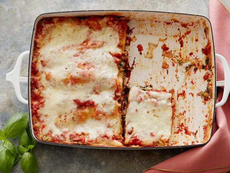 FNK VEGETARIAN LASAGNA (evergreen) Food Network Kitchen Food Network Olive Oil, Garlic, Onion, Carrot, Tomato Paste, Red Pepper Flakes, Plum Tomatoes, Basil, Thyme, Spinach, Ricotta Cheese, Parmesan, Egg, Nutmeg, Lasagna Noodles, Mozzarella