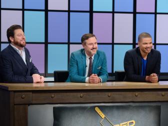 Judges Scott Conant, Jake Smollett and David Arquette look on as the chopped junior chef's Ashley Carter and Taliah Dancil finish their dessert round dishes, as seen on Food Network's Chopped Junior, Season 4