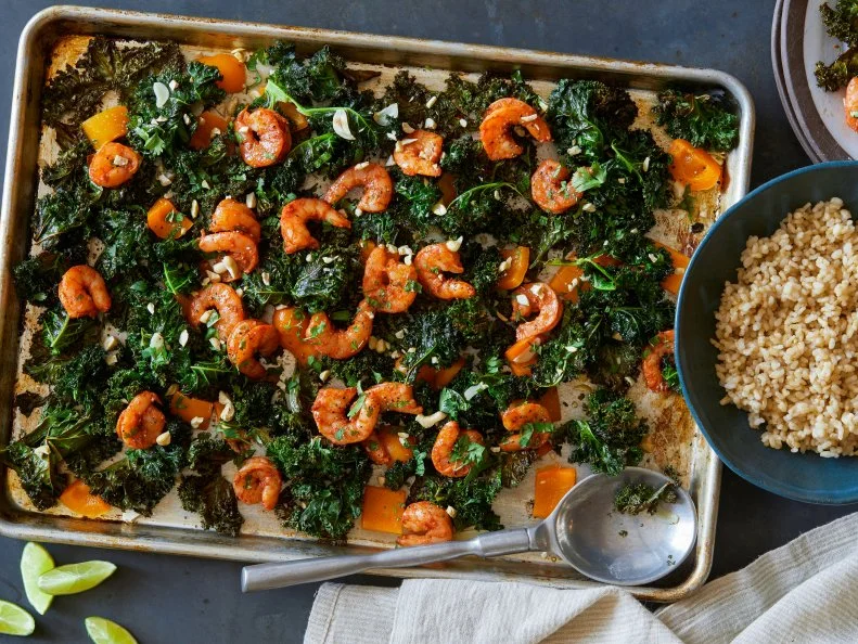 Food Network Kitchen's Healthy Sheet Pan Shrimp and Greens.