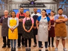 Bakers Andrea Kratville, Cliff Butler, Dina Melendez-Bonnet, Jasmin Bell, Jessica Scott, Jonathan Elias, Ray Vizcaino, and Tyler Davis, as seen on Halloween Baking Championship, Season 3.
