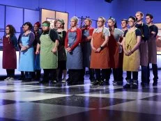 Teams Spooky Boo's, Scare Snactics, Sugar Snatchers, Morbid Masterminds, Ghoulish Gang and Ghoul'd during judging, as seen on Food Network’s Halloween Wars, Season 7.