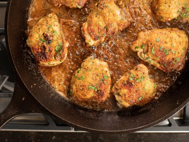 Close-up of Chicken Thighs with Creamy Mustard Sauce, as seen on The Pioneer Woman: Back to the Basics, Season 15.