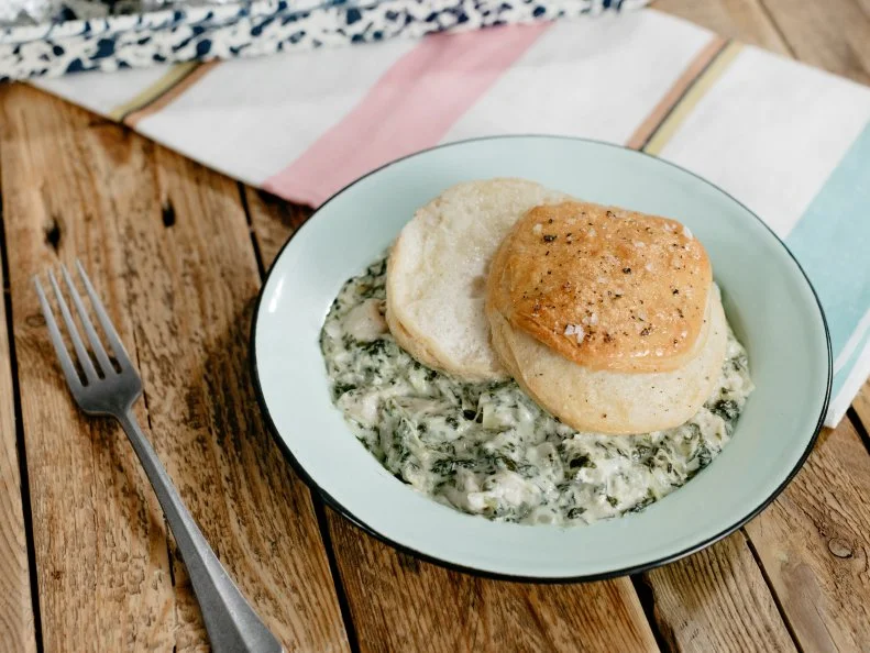 Molly Yeh's Spinach and Artichoke Chicken Casserole, as seen on Girl Meets Farm, Season 3.