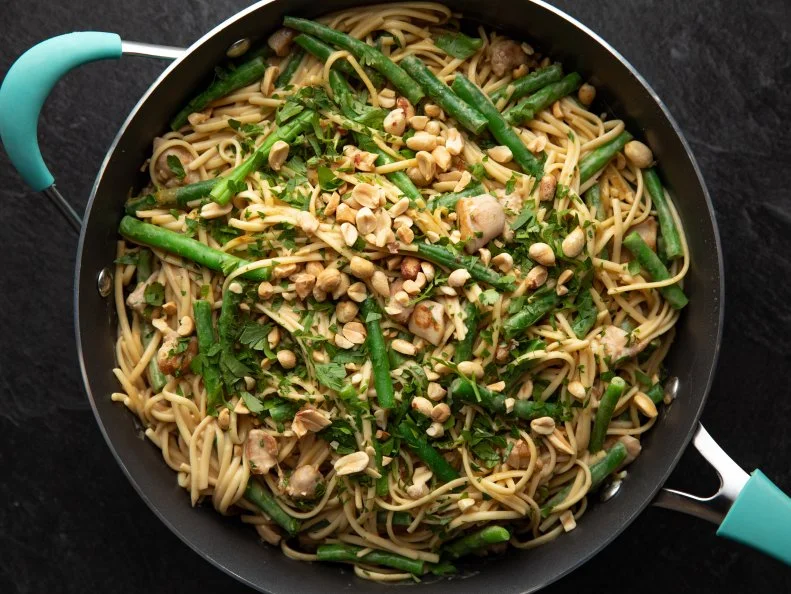 Close-up of Peanut Chicken Pasta, as seen on The Pioneer Woman, Season 23.