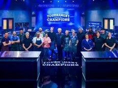 Host Guy Fieri with chefs Richard Blais, Marcel Vigneron, Michael Voltaggio, Elizabeth Falkner, Eric Greenspan, Christian Petroni, Maneet Chauhan, Marc Murphy, Jet Tila, Brooke Williamson, Rocco DiSpirito, Alex Guarnaschelli, Darnell Ferguson, Antonia Lofaso, and Beau MacMillan, as seen on Tournament of Champions, Season 1.