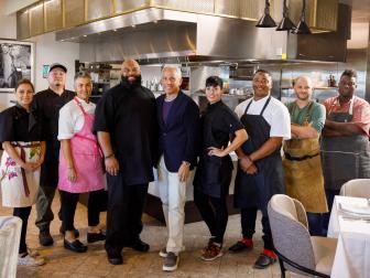 Host Geoffrey Zakarian with Contestants Jesa Henneberry, Mariana Alvarado, Demetrius Baxter, Coby Farrow, Brett Vibber, Alicia Watson, Torrece Gregoire aka “Chef T”, and Leo Davila as seen on Big Restaurant Bet, Season 1.