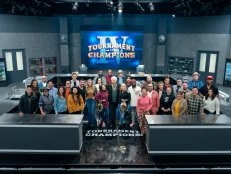 Host Guy Fieri with contestants Shota Nakajima, Tiffany Derry, Ilan Hall, Crista Luedtke, Jose Garces, Tracey Shepos Cenami, Viet Pham, Carlos Anthony, Mei Lin, Joe Sasto, Kelsey Barnard Clark, Maneet Chauhan, Shirley Chung, Eric Adjepong, Madison Cowan, Tiffani Faison, Jonathon Sawyer, Brian Malarkey, Tobias Dorzon, Stephanie Izard, Nate Appleman, Christian Petroni, Elizabeth Falkner, Karen Aukowicz, Antonia Lofaso, Britt Rescigno, Lee Anne Wong, Adam Sobel, Jet Tila, Graham Elliot, Darnell Ferguson, and Leah Cohen, as seen on Tournament of Champions, Season 4.