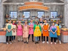 Contestants Ally Loewy, Kristina Krause, John Boyle, Lisa Lu, Yohann Le Bescond, Anrika Martin, Kyle Davis, Carlos Pena, Alyssa Alcantara and Zoe Peckich, portrait, as seen on Summer Baking Championship, Season 1.