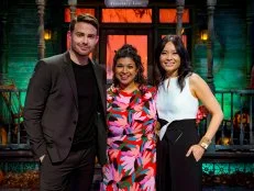 Host Jonathan Bennett with Judges Aarti Sequeira and Shinmin Li, as seen on Halloween Wars, Season 13.
