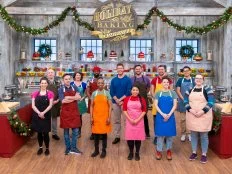 Contestants Justine Rota, Kevin Conniff, Javier Trujillo, Ashley Landerman, Sharrod Mangum, Jennifer Carey, Host Jesse Palmer, Thoa Nguyen, Joshua Juarez, Greg Ballenger, Alex Winnen, Bert Alvarez and Alison Kenis, portrait, as seen on Holiday Baking Championship, Season 10.