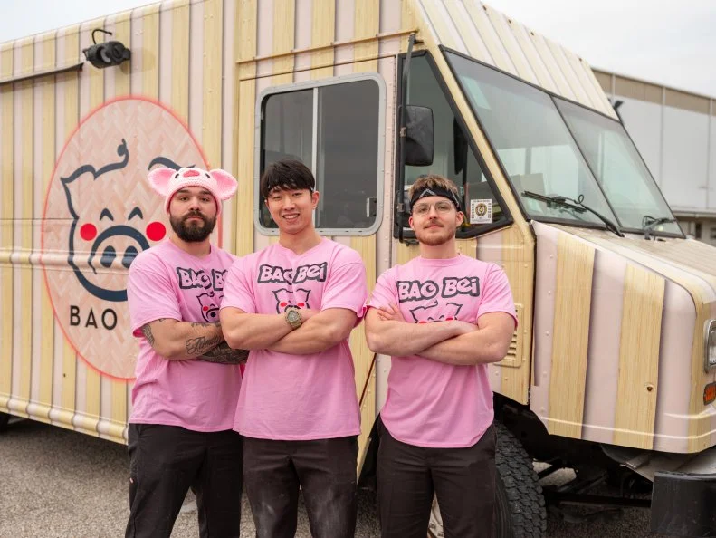 BAO BEI’S team members, Kevin Hsieh, Cody Hoover and Zakary Keres, as seen on The Great Food Truck Race, Season 17.