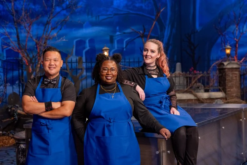 Shellane Brown, Alan Silva and Emerlie Miller of Two Ghouls and a Butcher as seen on round 1, “”As the Monster Turns” challenge on Halloween Wars, Season 14.