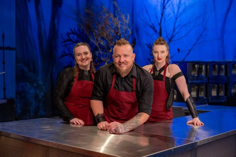 Kyle Miller, Sarah Blostein and Sarah Arnold of Scream of the Crop as seen on round 1, “”As the Monster Turns” challenge on Halloween Wars, Season 14.