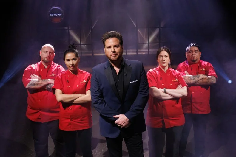 Judge Scott Conant poses with his team of chefs, Pat Pascarella, Bao Bao Aksornnan, Sara Bradley and Paco Moran, as seen on Chopped: Legends, Season 59.