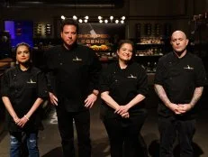 Chefs Maneet Chauhan, Scott Conant, Alex Guarnaschelli and Chris Santos pose together, as seen on Chopped: Legends, Season 59.