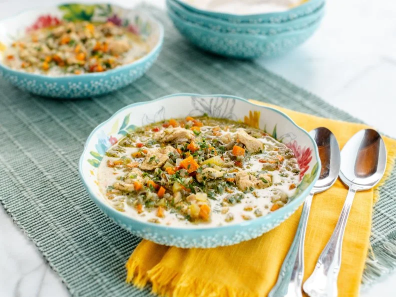 Close-up of Slow Cooker Chicken and Rice Soup, as seen on The Pioneer Woman, Season 37