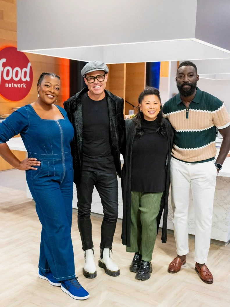 Host Eric Adjepong, Contestants Mei Lin, Tiffany Derry and Brian Malarkey, portrait, as seen on Wildcard Kitchen, Season 2.