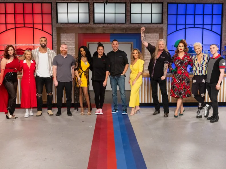 Co-Hosts Jeff Mauro and Antonia Lofaso, Heroes Trinity the Tuck, Adam Rippon, Sebastian Bach, Frankie Grande and Cheryl Burke, Villains Corinne Olympios, Rachel Reilly, Bartise Bowden, Tiffany Pollard and Wes Bergmann, as seen on Worst Cooks in America, Season 28,  Heroes Vs Villians