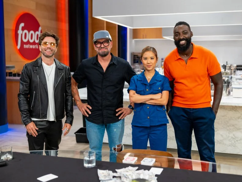 Contestants Marcel Vigneron, Michael Symon, Esther Choi and Host Eric Adjepong, portrait, as seen on Wildcard Kitchen, Season 2.