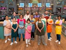 Contestants Mary-Frances Bahun, Paul Feybesse, Lisa Clark, Kari Cota, Corey Jamison, Jamie Li, Jon'nae Smith, Kareem Youngblood, Raveena Oberoi, Lauren Klein, Julian Perrigo-Jimenez, Stacy Flores and Priya Winsor, portrait, as seen on Spring Baking Championship, Season 11.