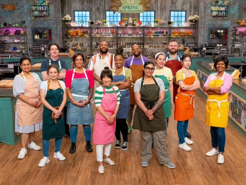 Contestants Mary-Frances Bahun, Paul Feybesse, Lisa Clark, Kari Cota, Corey Jamison, Jamie Li, Jon'nae Smith, Kareem Youngblood, Raveena Oberoi, Lauren Klein, Julian Perrigo-Jimenez, Stacy Flores and Priya Winsor, portrait, as seen on Spring Baking Championship, Season 11.