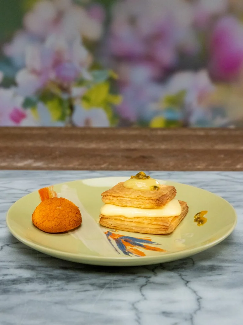 Contestant Ericka Wells' round 1 dish, Puff Pastry with Passionfruit Lime Pastry Cream and Honey Cremeux, as seen on Spring Baking Championship, Season 10.