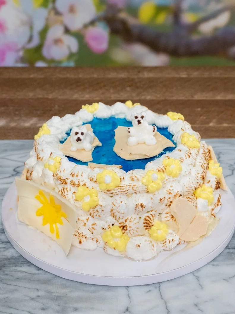 Contestant Zoe Ma's round 2 dish, Cardamom Pistachio Ice Cream, Apple Jam, Cardamom and Coffee Cake, Italian Meringue, as seen on Spring Baking Championship, Season 10.