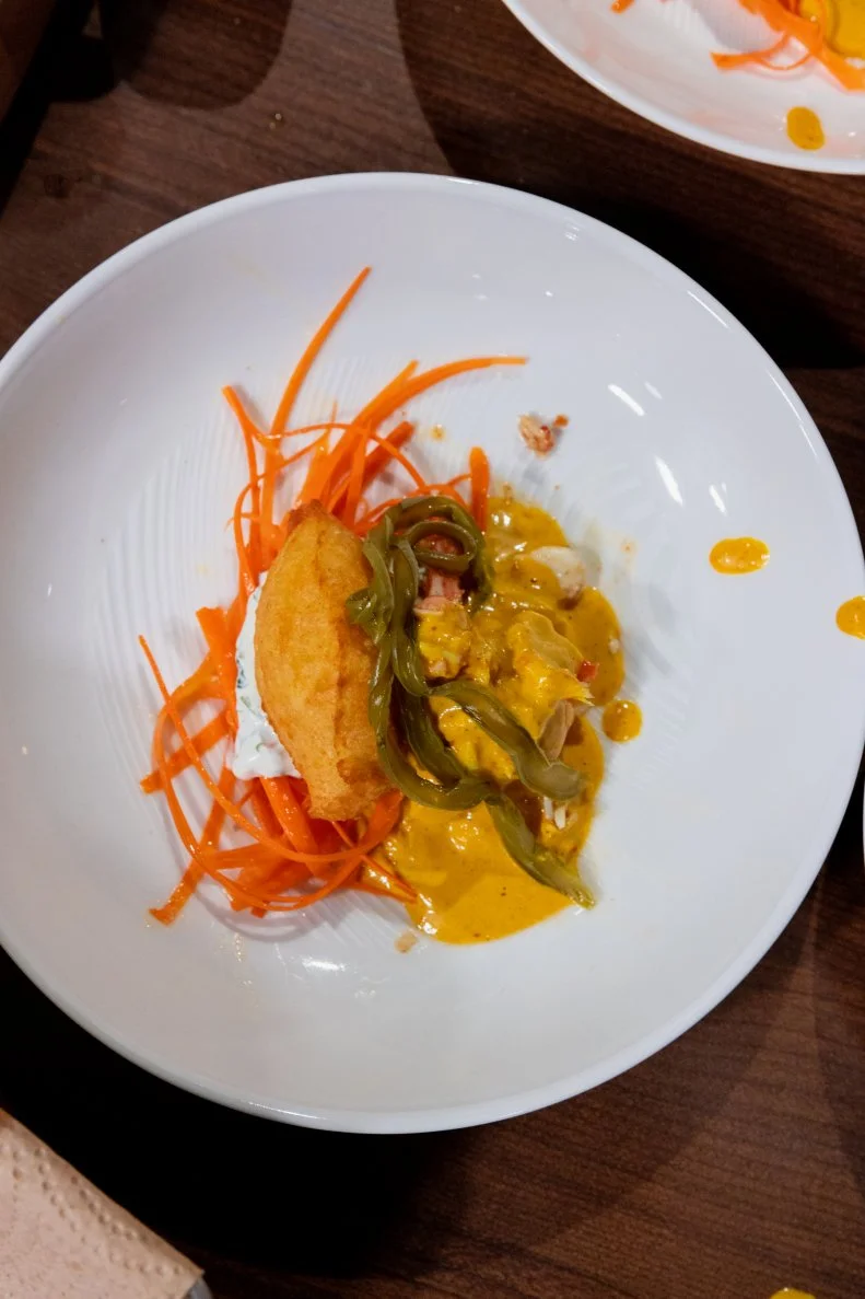 Pommes Dauphine With Pickled Cactus and Curried Beurre Blanc