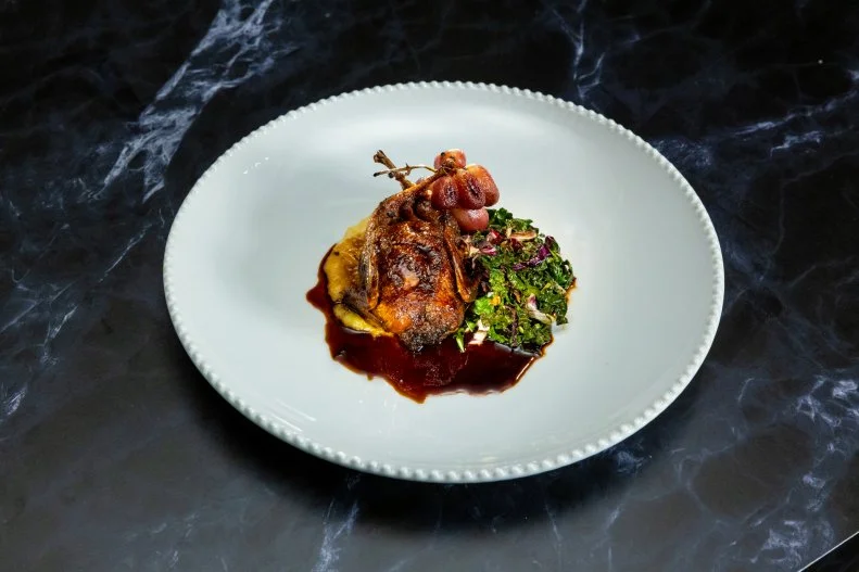 Sausage-Stuffed Quail With Saba Glaze and Polenta