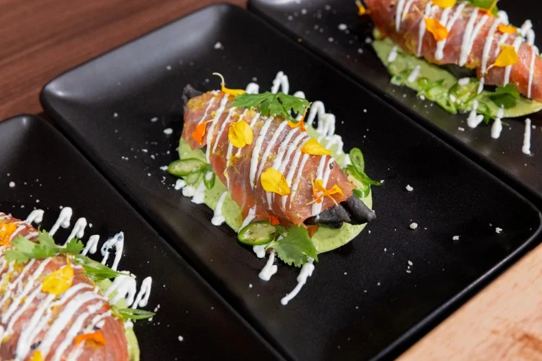Plantain Pistachio Mole With Salmon Crudo and Green Goddess Sauce