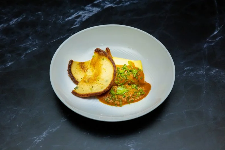 Baby Shrimp & Leek Omelette With Smoked Sauce and Hoe Cakes