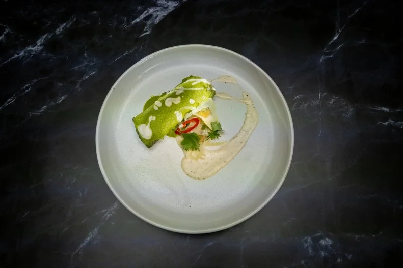 Green Enmolada Stuffed With King Trumpet and Mushroom Crema