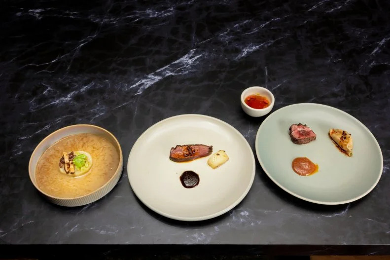 Daikon Radish With Shitake Mushroom, Tea-Smoked Duck, and a Trio of Lamb 