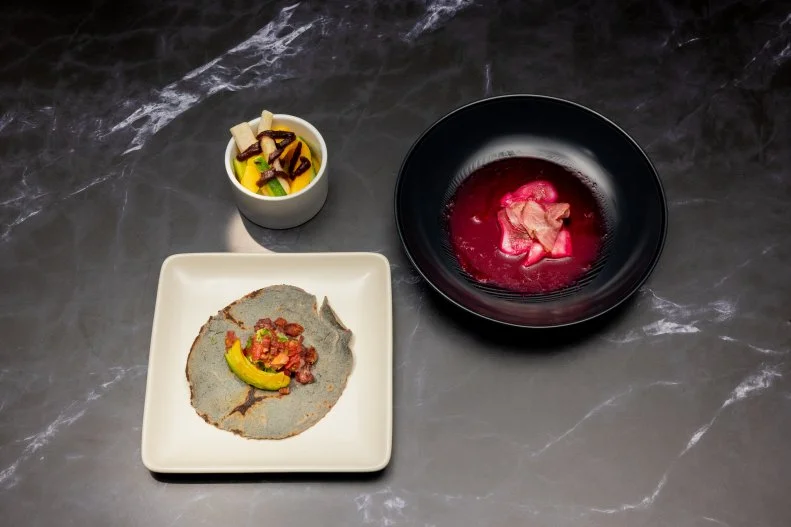 Street Snacks Trio, Stewed Porterhouse Steak and Rice Pudding