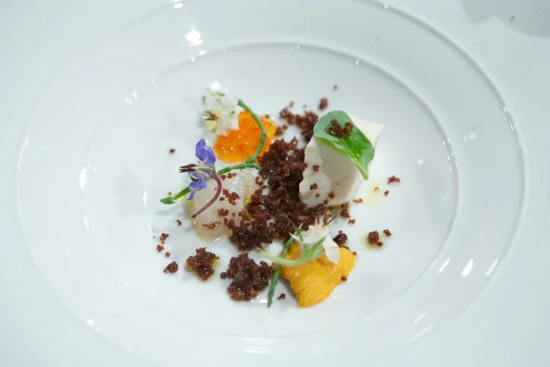 halibut poached in hamburger whey with smoked uni
