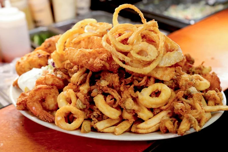 2 Pound Seafood Platter prepped by Chef/owners Jane and Domenic Bitto at Evelyn's Drive-In in Tiverton, RI, as seen on Triple-D Nation, Season 5.