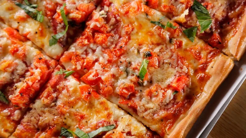 Square Pizza as Served at Stogie Joe's Tavern in Philadelphia, Pennsylvania, as seen on Diners, Drive-Ins and Dives, season 32.
