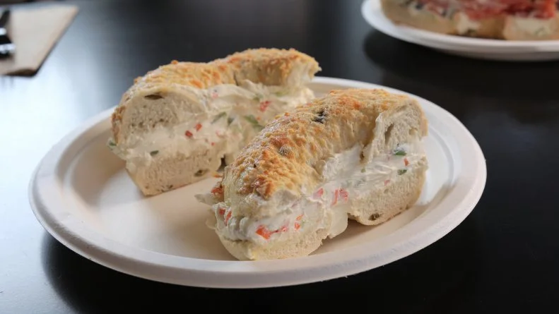 Jalapeño Parmesan Bagel with Vegetable Cream Cheese as served at Big Dave's Bagels & Deli in North Conway, New Hampshire, as seen on Food Network's Diners, Drive-Ins and Dives, season 36.