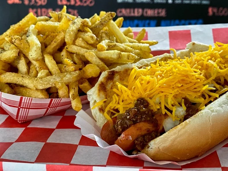 Cincinnati Chili Dog with Fries as Served at Super Duper Weenie in Fairfield, Connecticut as seen on Diners, Drive-Ins and Dives: Take Out, Season 33.