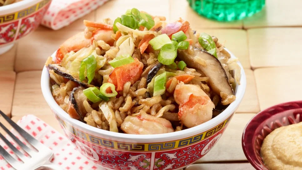 Food Network Kitchen’s Healthy Egg Roll Fried Brown Rice with Shrimp, as seen on Food Network.