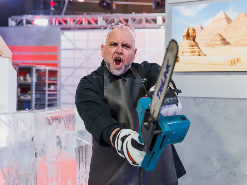 Duff Goldman ice sculpting, portrait, as seen in Super Mega Cakes, Season 1.