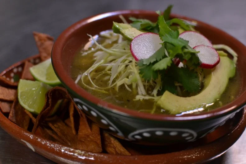 Chicken Pozole Verde from Mas Tacos Por Favor in Nashville, Tennessee, as seen on Food Network's Diners, Drive-Ins, and Dives.