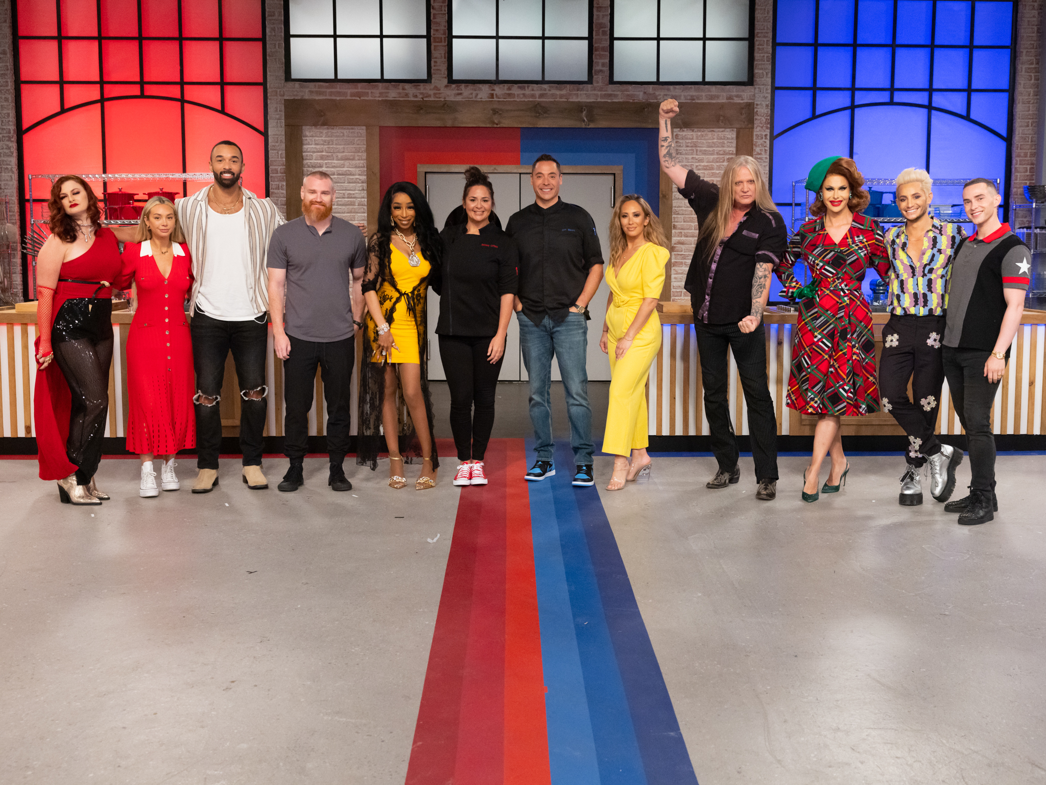 Co-Hosts Jeff Mauro and Antonia Lofaso, Heroes Trinity the Tuck, Adam Rippon, Sebastian Bach, Frankie Grande and Cheryl Burke, Villains Corinne Olympios, Rachel Reilly, Bartise Bowden, Tiffany Pollard and Wes Bergmann, as seen on Worst Cooks in America, Season 28,  Heroes Vs Villians